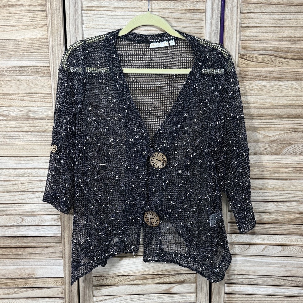 Hailey Lyn Black Mesh Cardigan with Wooden Buttons Size XL